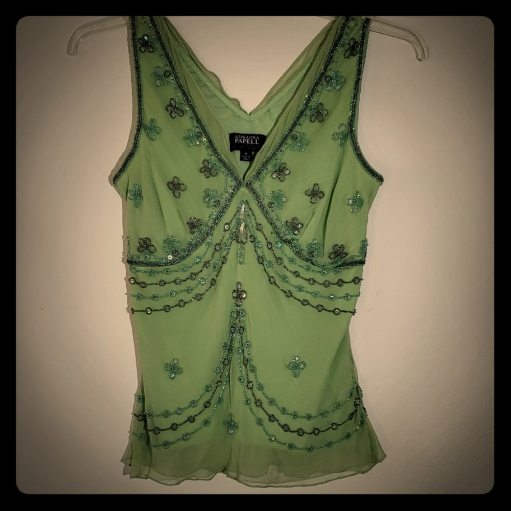 Green beaded and sequened tank top. Size M